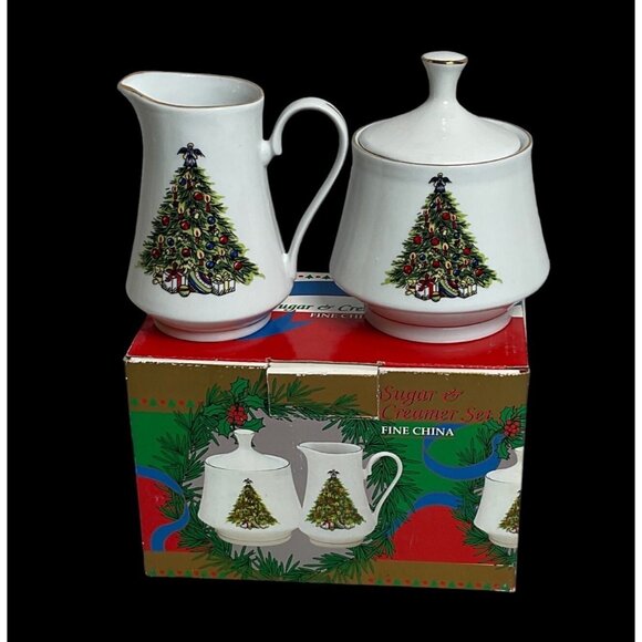 Vintage Set of 2 Fine China Creamer and Sugar Bowl Christmas Tree Design in Box - Picture 2 of 5